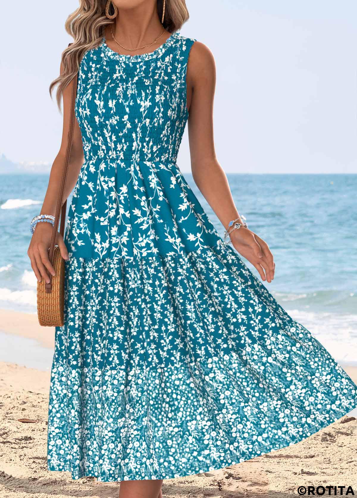 Peacock Blue dresses,Ditsy Floral dresses,Vacation dresses,Vacation dresses,ROTITA Peacock Blue Ditsy Floral Print Tummy Coverage Sleeveless Dress