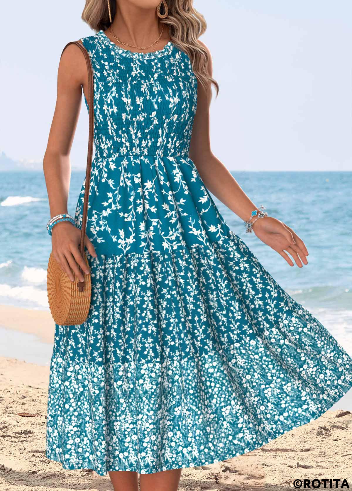 Peacock Blue dresses,Ditsy Floral dresses,Vacation dresses,Vacation dresses,ROTITA Peacock Blue Ditsy Floral Print Tummy Coverage Sleeveless Dress
