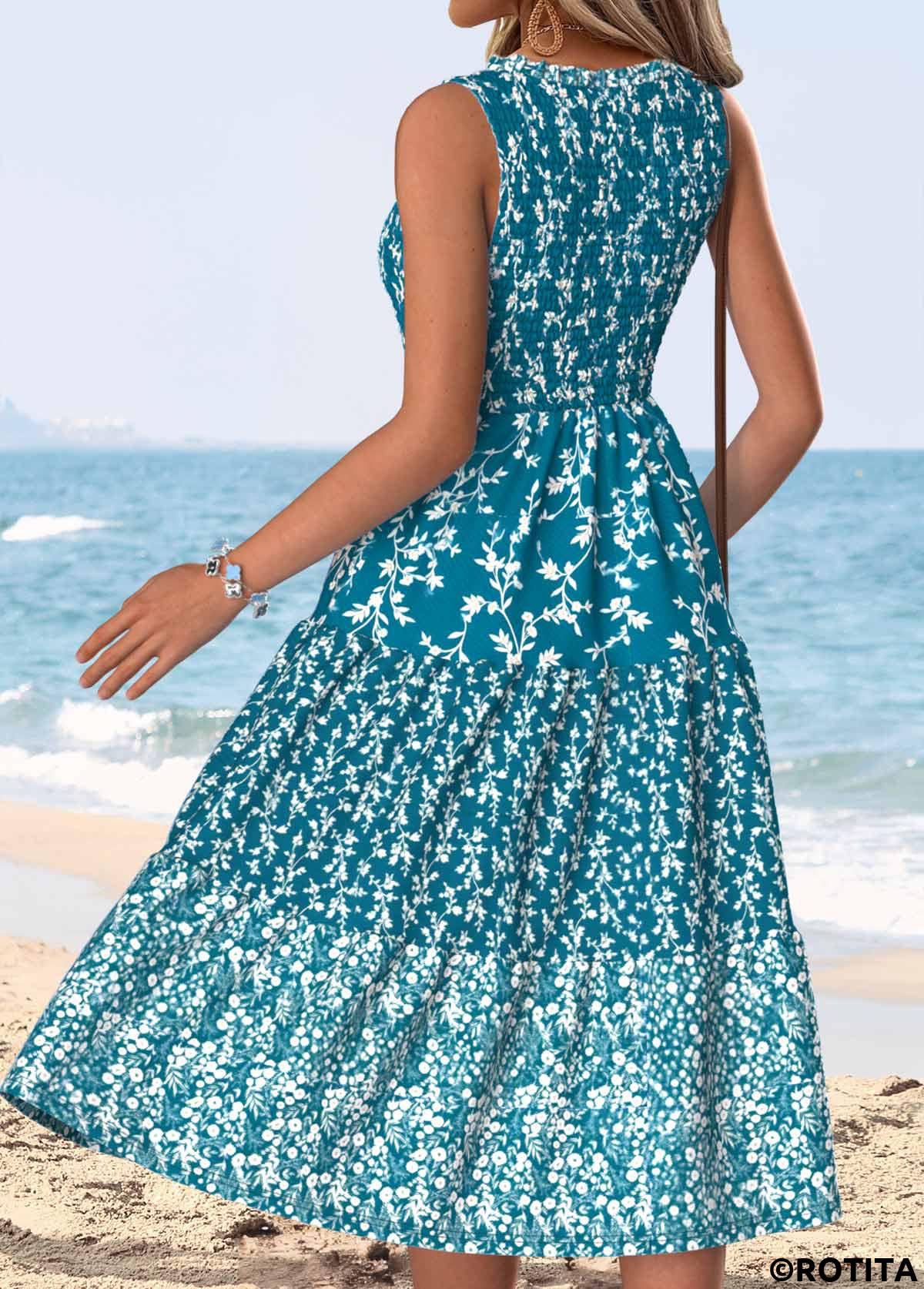 Peacock Blue dresses,Ditsy Floral dresses,Vacation dresses,Vacation dresses,ROTITA Peacock Blue Ditsy Floral Print Tummy Coverage Sleeveless Dress