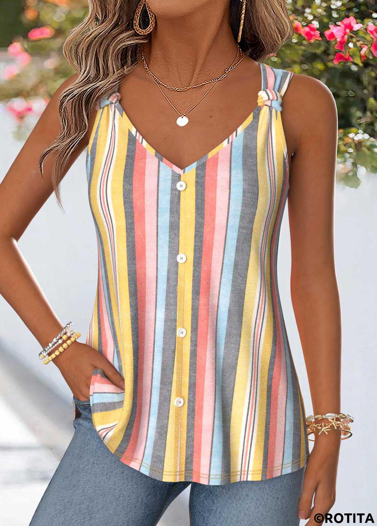 Multi Color tops,Striped tops,Geometric tops,ROTITA Curved Hem Multi Stripe Print V Neck Tank Top