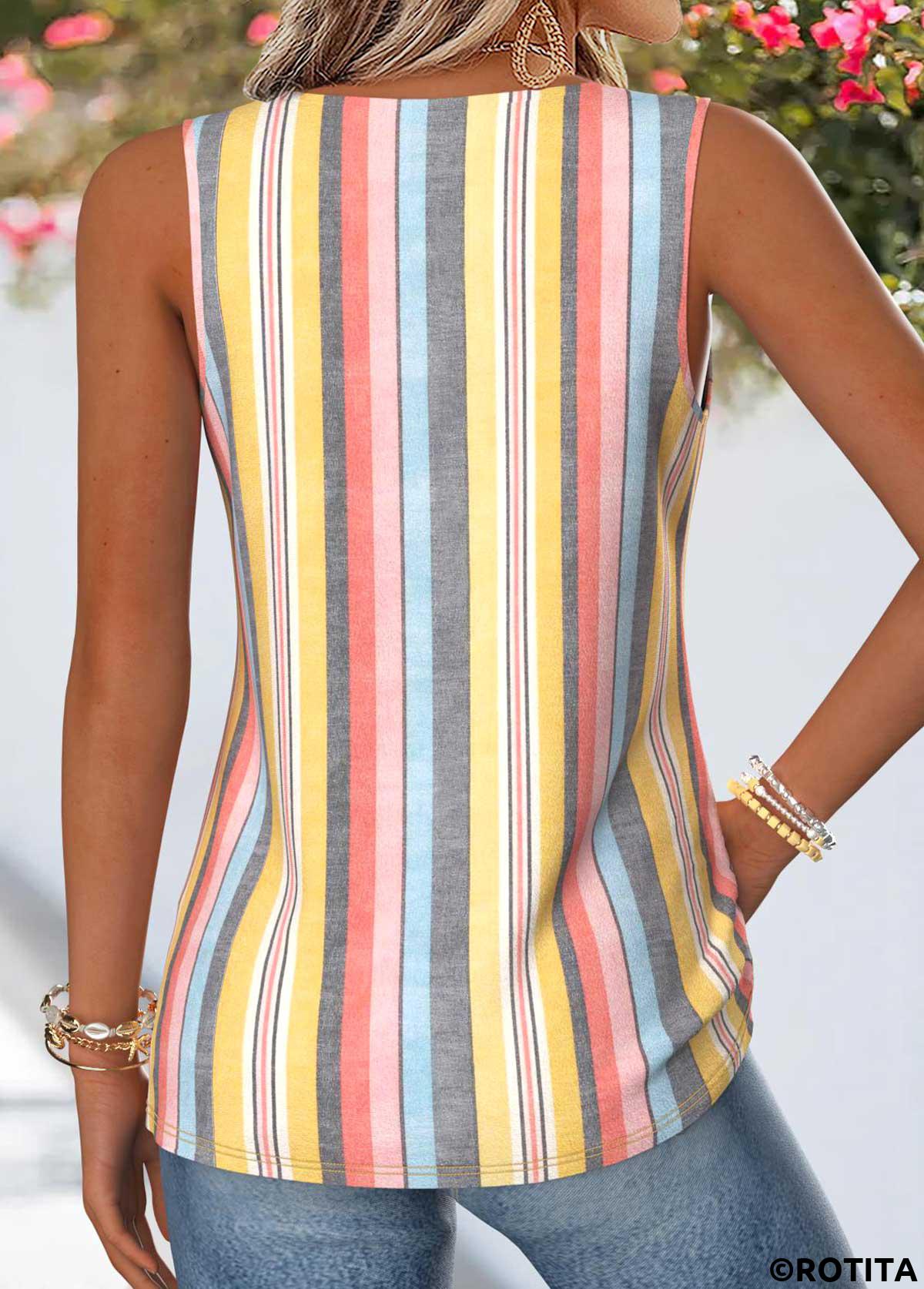 Multi Color tops,Striped tops,Geometric tops,ROTITA Curved Hem Multi Stripe Print V Neck Tank Top