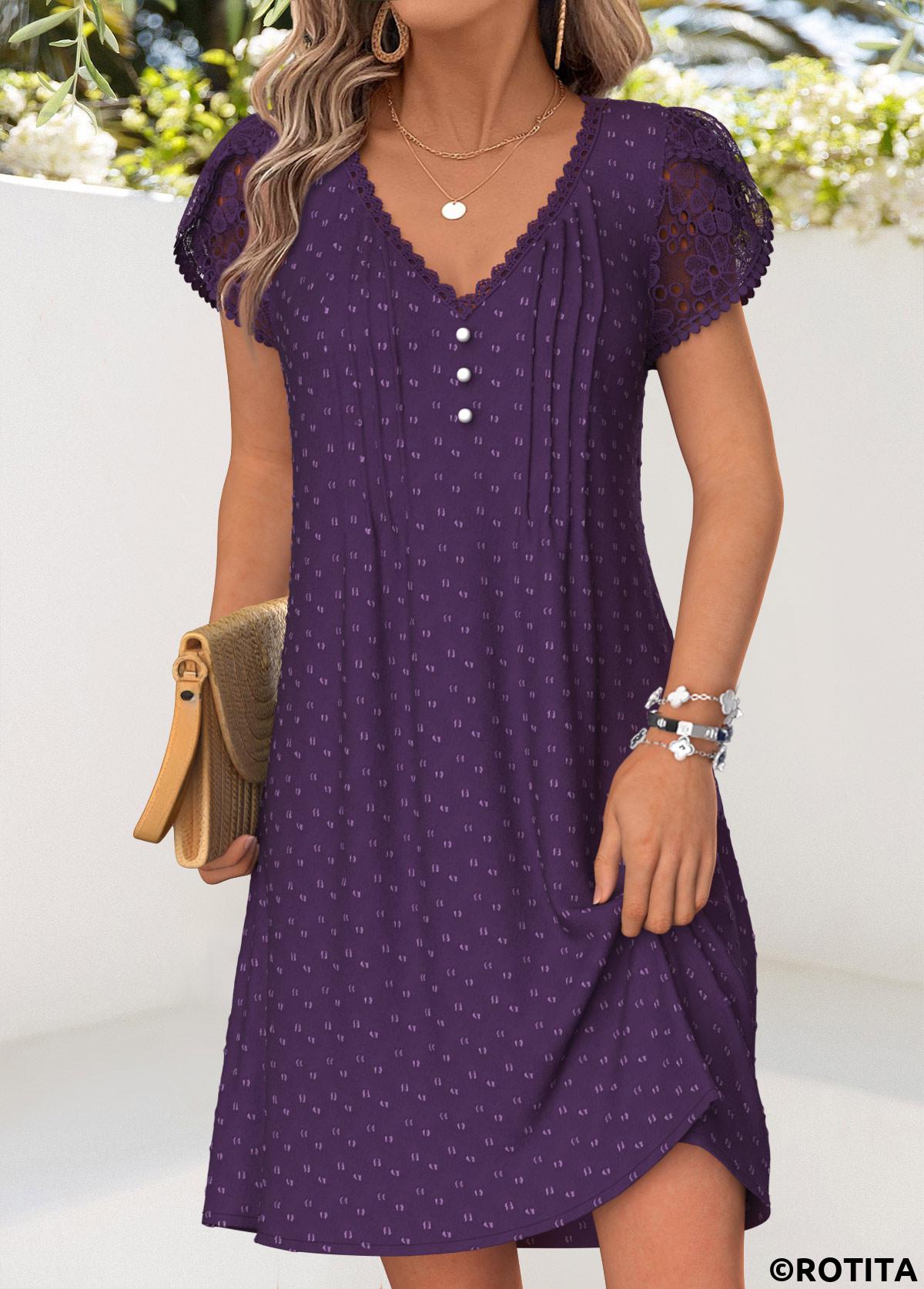 Purple dresses,Plain Color dresses,Everyday dresses,Casual dresses,ROTITA Purple Tuck Stitch Short V Neck Dress