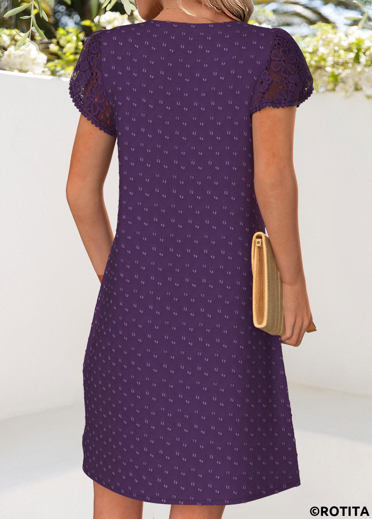 Purple dresses,Plain Color dresses,Everyday dresses,Casual dresses,ROTITA Purple Tuck Stitch Short V Neck Dress