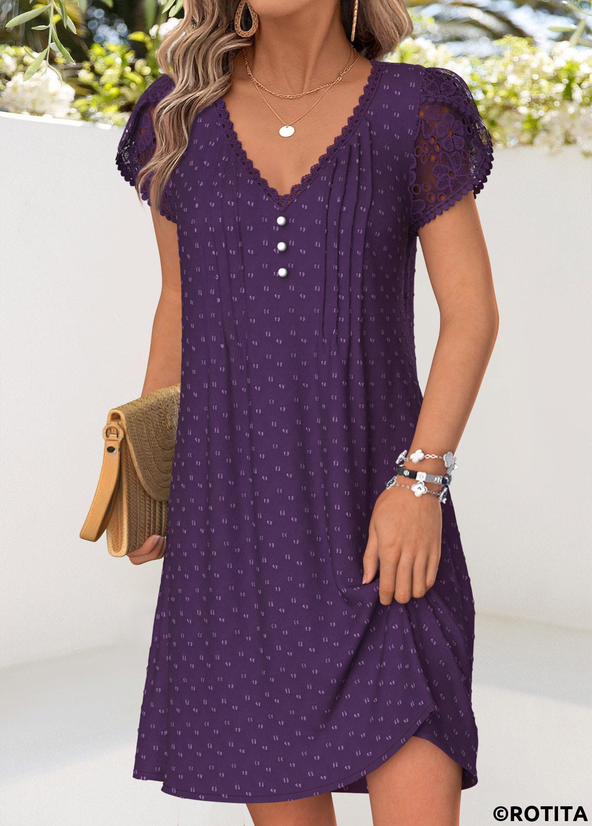 Purple dresses,Plain Color dresses,Everyday dresses,Casual dresses,ROTITA Purple Tuck Stitch Short V Neck Dress