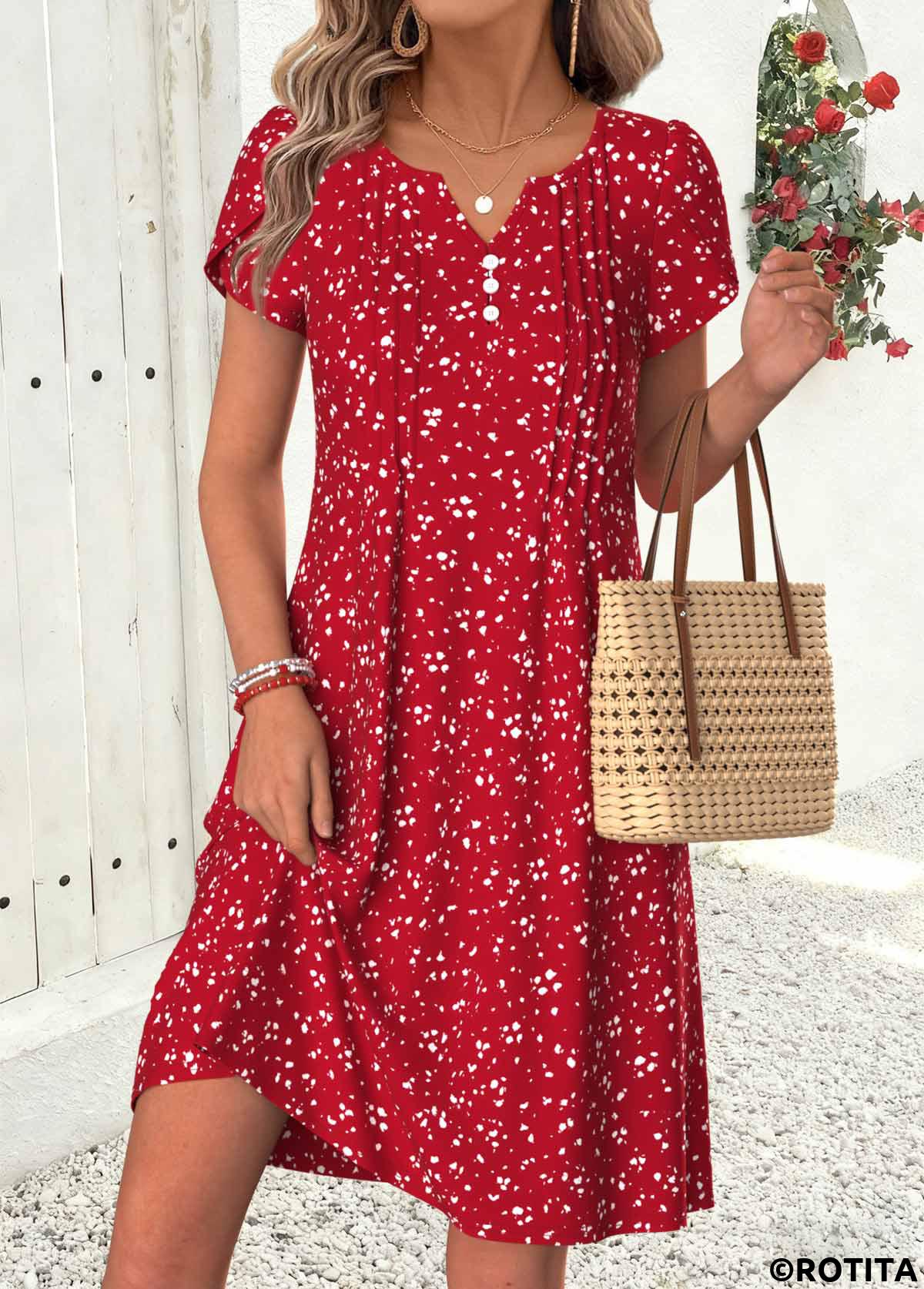 Red dresses,Ditsy Floral dresses,Vacation dresses,Vacation dresses,ROTITA Red Ditsy Floral Print Tuck Stitch Short Dress