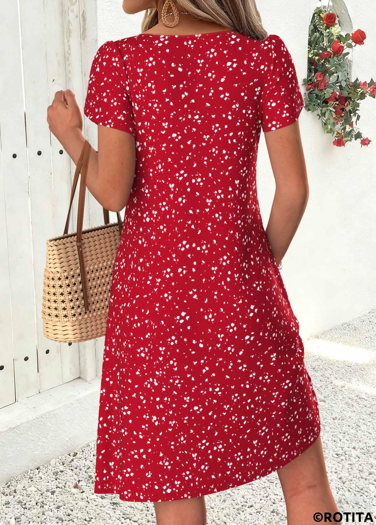 Red dresses,Ditsy Floral dresses,Vacation dresses,Vacation dresses,ROTITA Red Ditsy Floral Print Tuck Stitch Short Dress