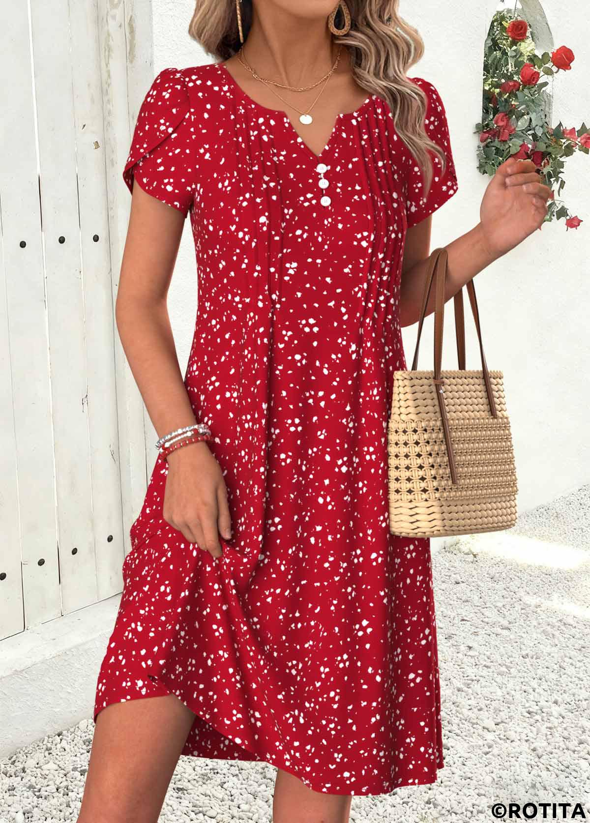 Red dresses,Ditsy Floral dresses,Vacation dresses,Vacation dresses,ROTITA Red Ditsy Floral Print Tuck Stitch Short Dress