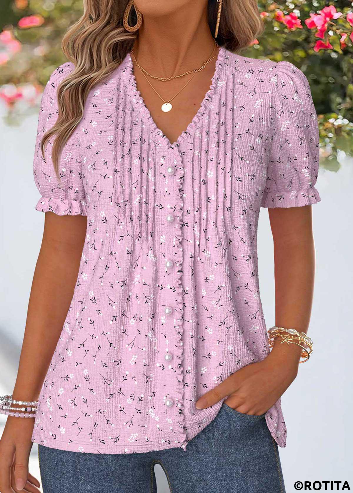 Dusty Purple tops,Floral tops,Plants tops,ROTITA Frill Floral Print Dusty Purple V Neck T Shirt