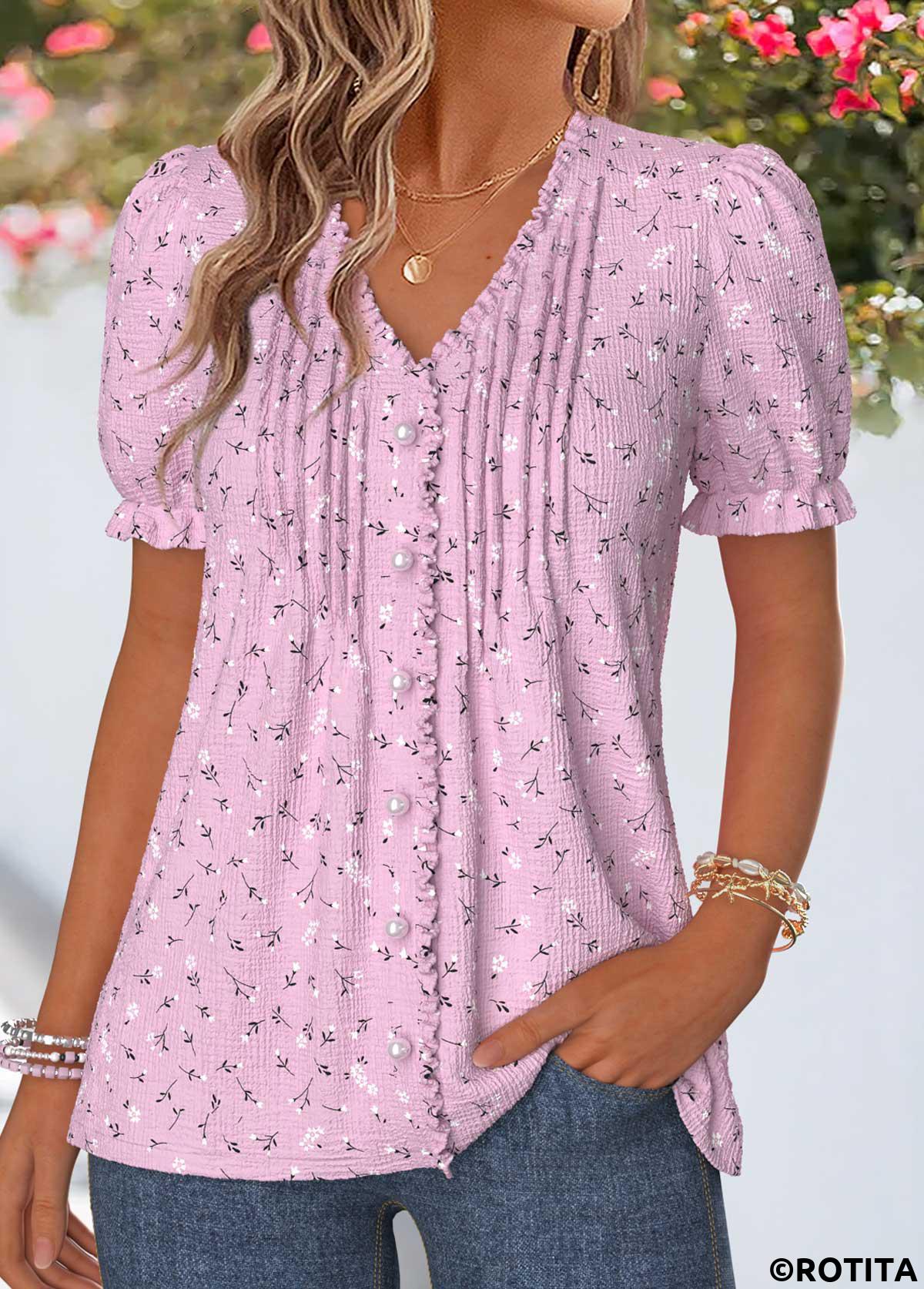 Dusty Purple tops,Floral tops,Plants tops,ROTITA Frill Floral Print Dusty Purple V Neck T Shirt