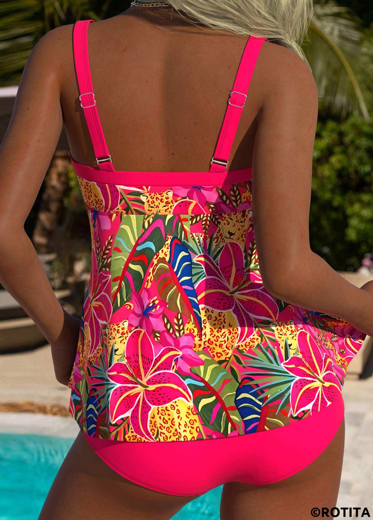 Coral swimwear,Floral swimwear,Plants swimwear,ROTITA Coral Tie Floral Print Mid Waisted Tankini Set