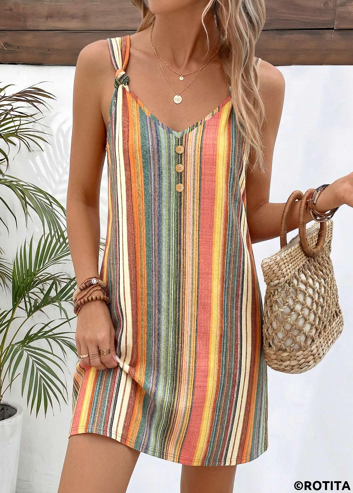 Multi Color dresses,Striped dresses,Geometric dresses,Everyday dresses,Casual dresses,ROTITA Multi Color Striped Twist Short V Neck Strappy Dress