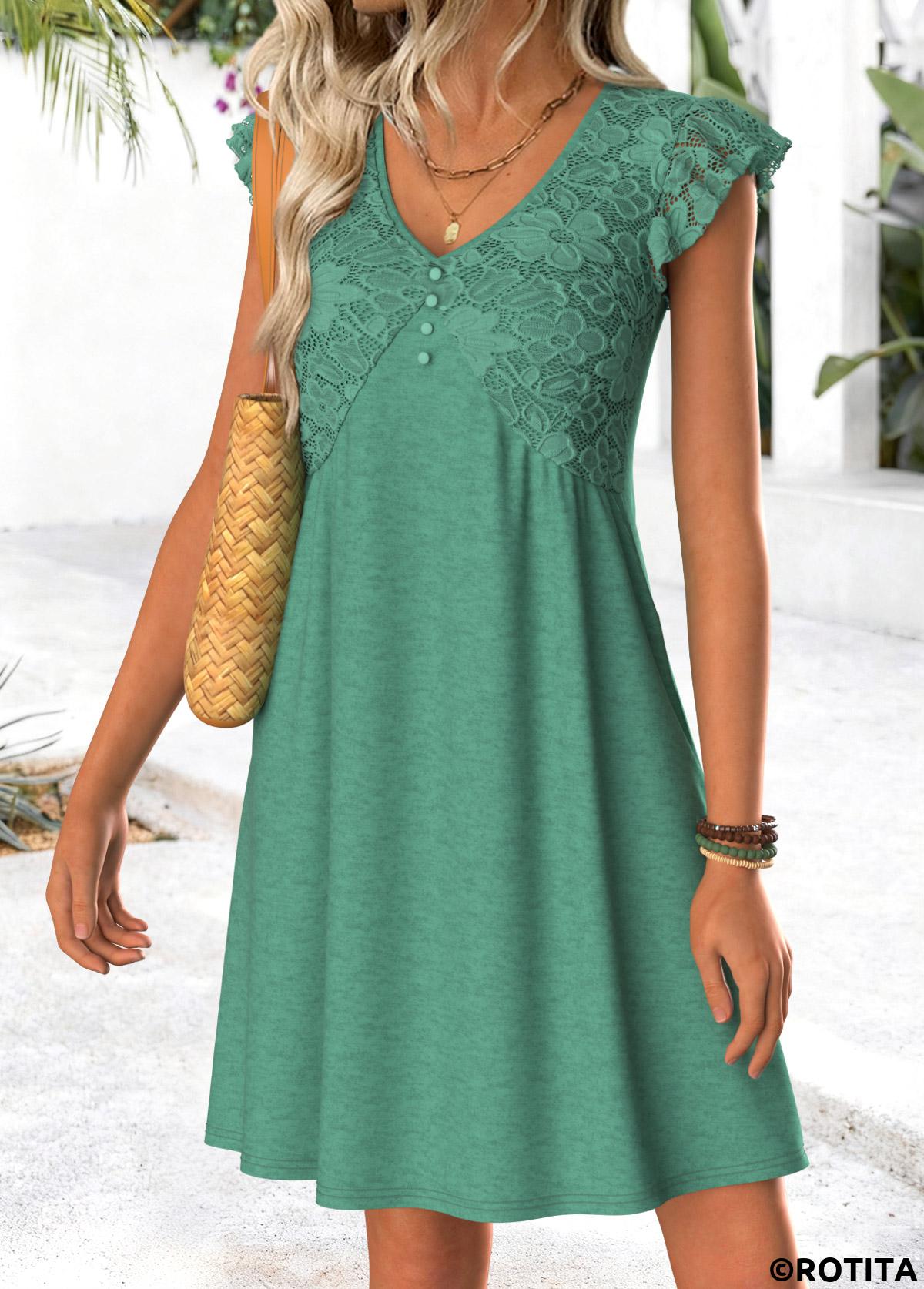 Cyan dresses,Plain Color dresses,Everyday dresses,Casual dresses,ROTITA Cyan Tummy Coverage Short V Neck Dress