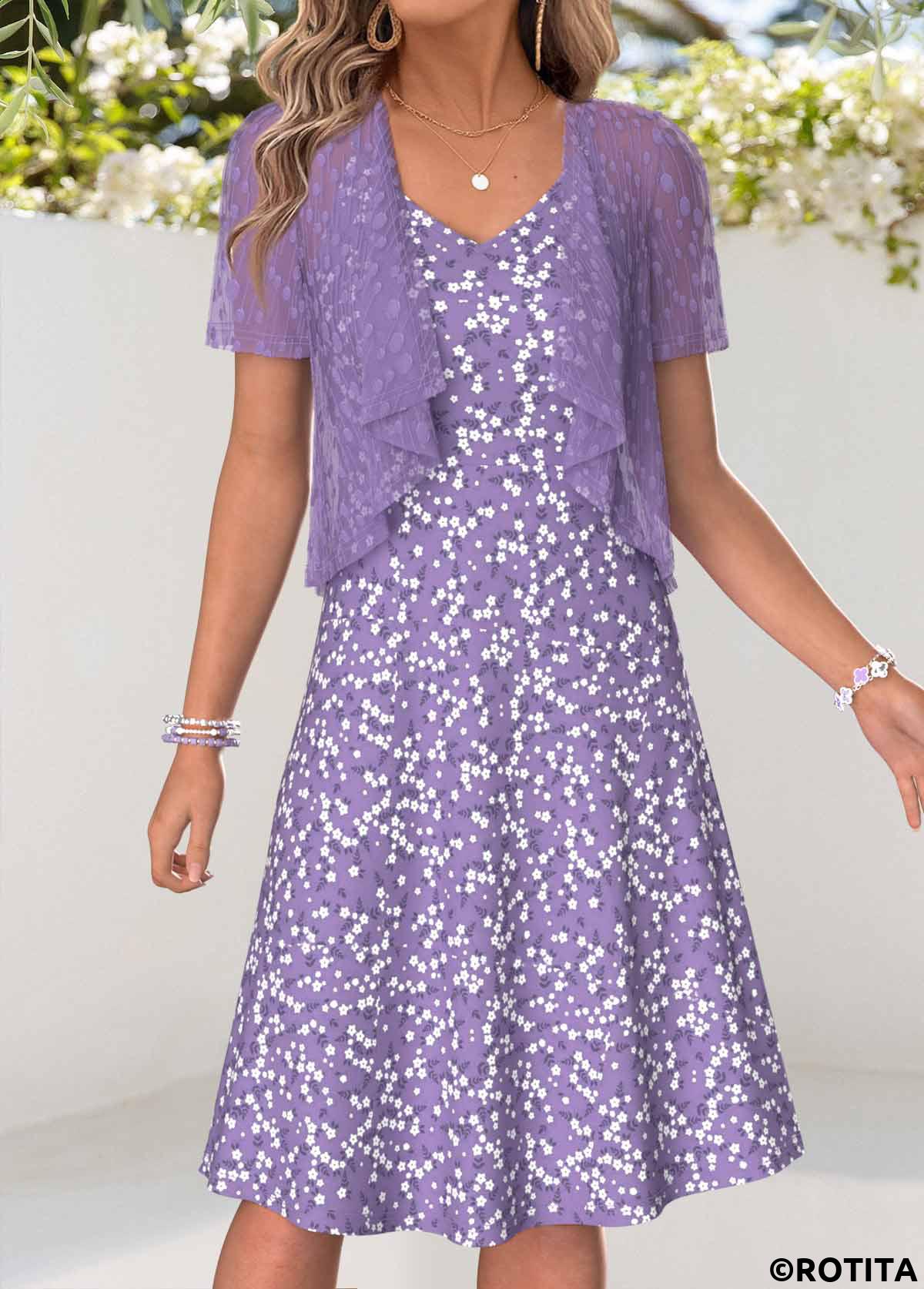 Light Purple dresses,Ditsy Floral dresses,Vacation dresses,Vacation dresses,ROTITA Light Purple Ditsy Floral Print Dress and Cardigan