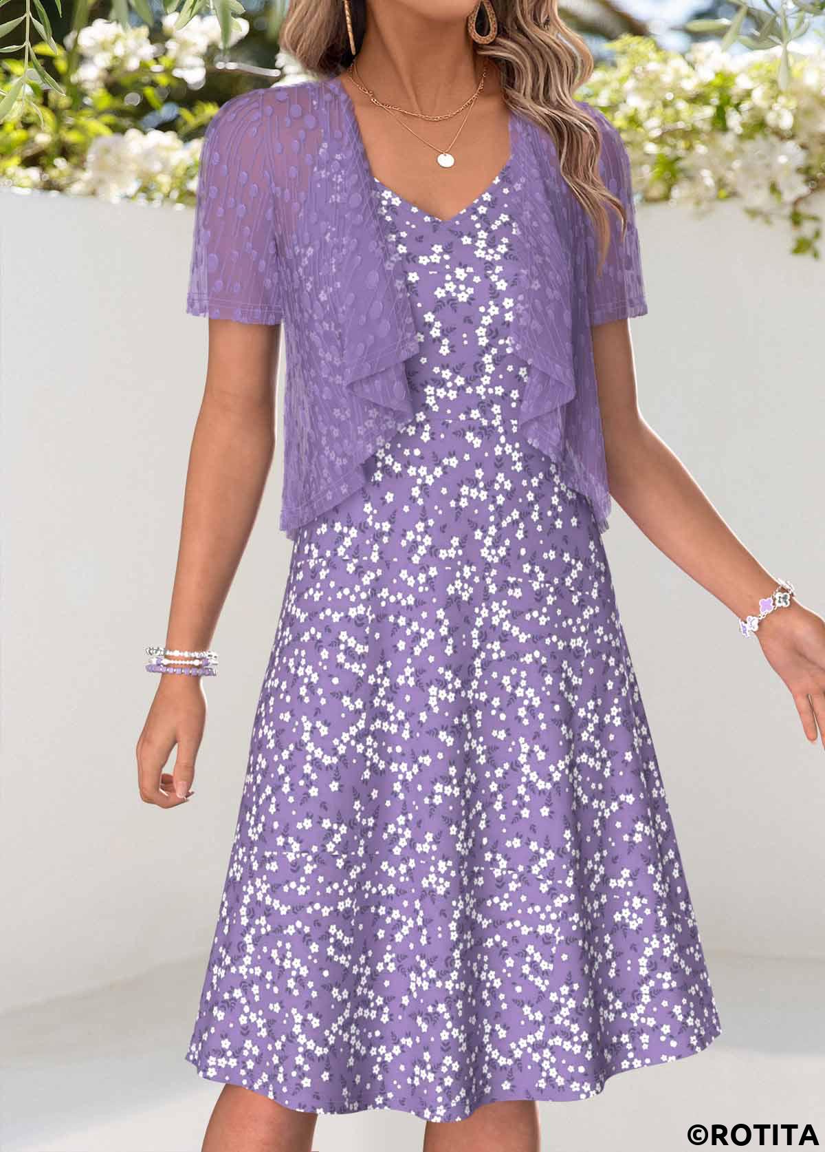 Light Purple dresses,Ditsy Floral dresses,Vacation dresses,Vacation dresses,ROTITA Light Purple Ditsy Floral Print Dress and Cardigan