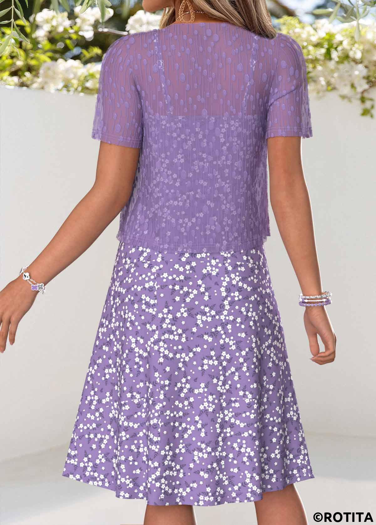 Light Purple dresses,Ditsy Floral dresses,Vacation dresses,Vacation dresses,ROTITA Light Purple Ditsy Floral Print Dress and Cardigan