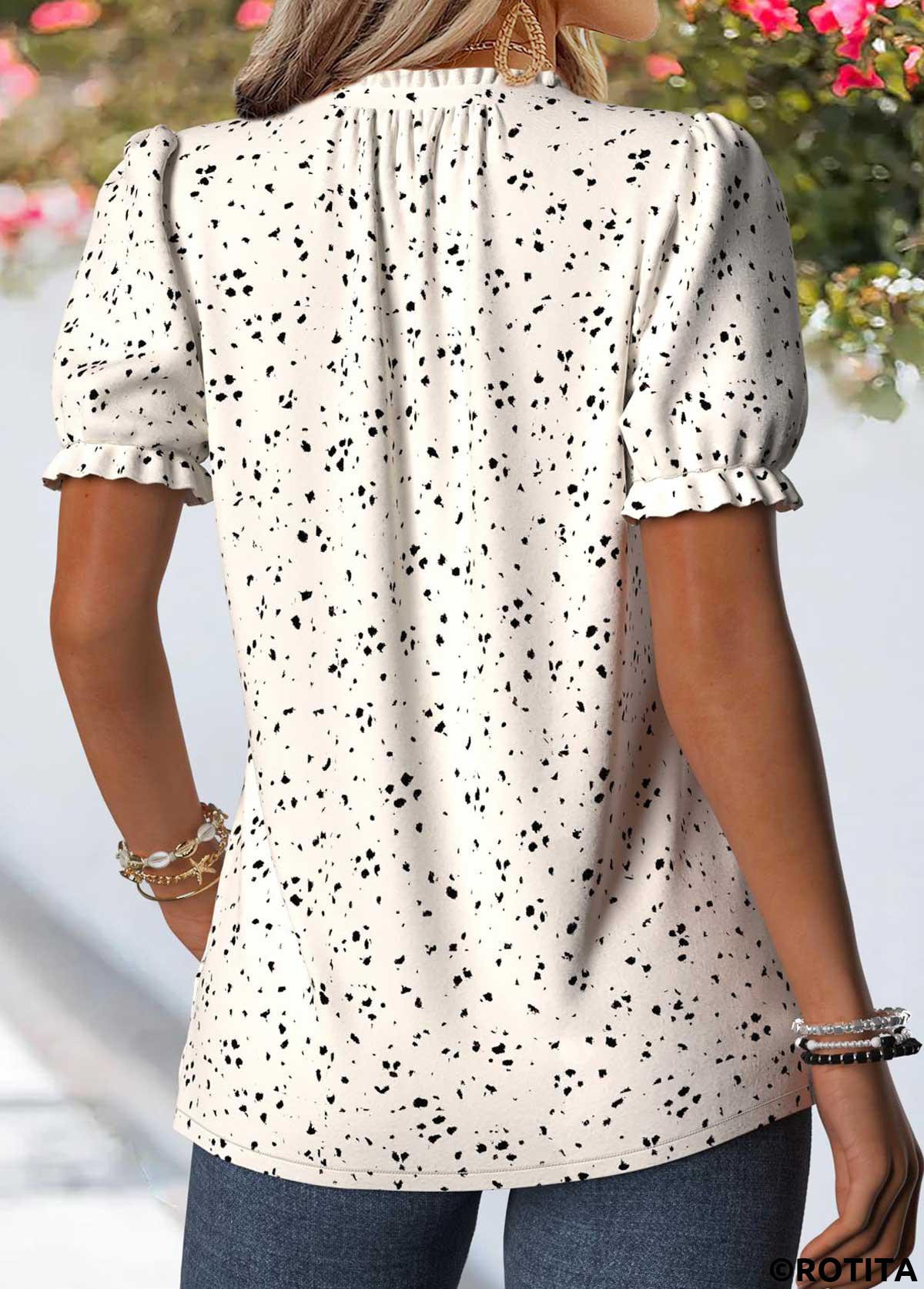 Beige tops,Geometric tops,ROTITA Frill Geometric Print Beige V Neck T Shirt