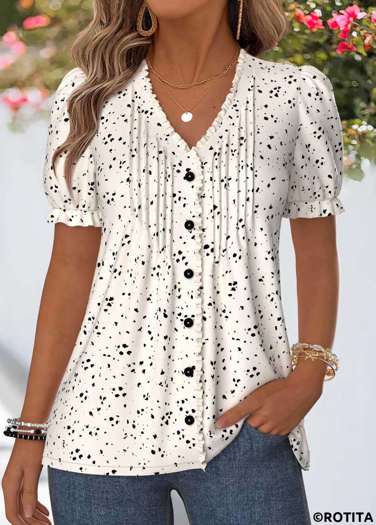 Beige tops,Geometric tops,ROTITA Frill Geometric Print Beige V Neck T Shirt