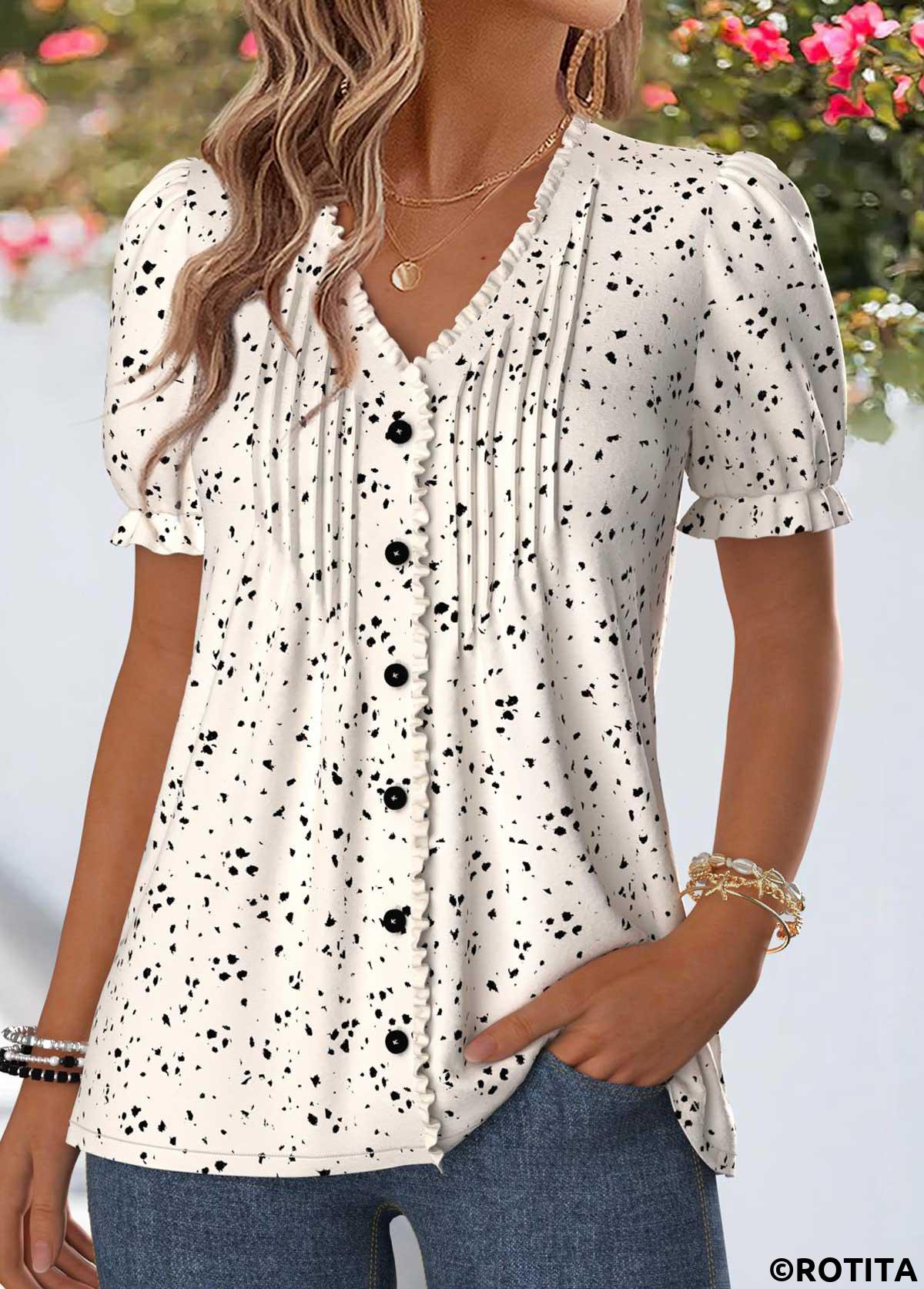 Beige tops,Geometric tops,ROTITA Frill Geometric Print Beige V Neck T Shirt