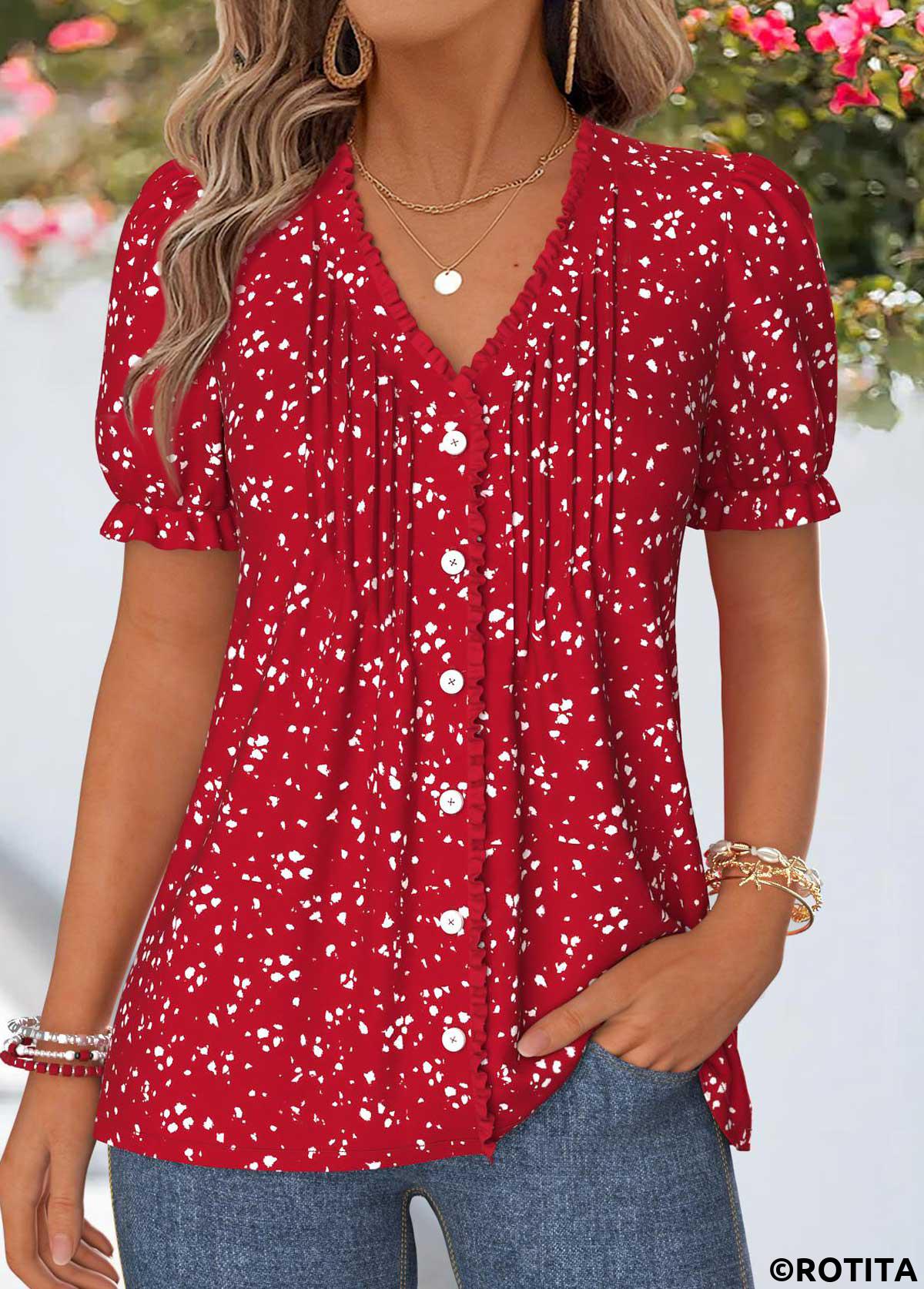 Red plus size,Geometric plus size,ROTITA Plus Size Frill Red Geometric Print T Shirt