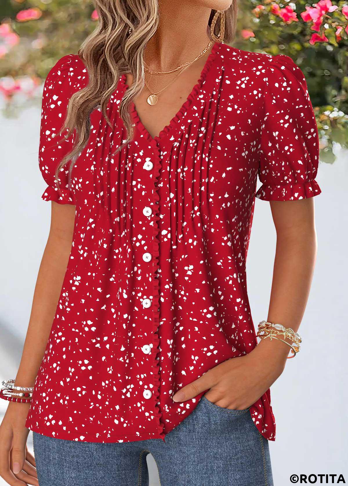 Red plus size,Geometric plus size,ROTITA Plus Size Frill Red Geometric Print T Shirt