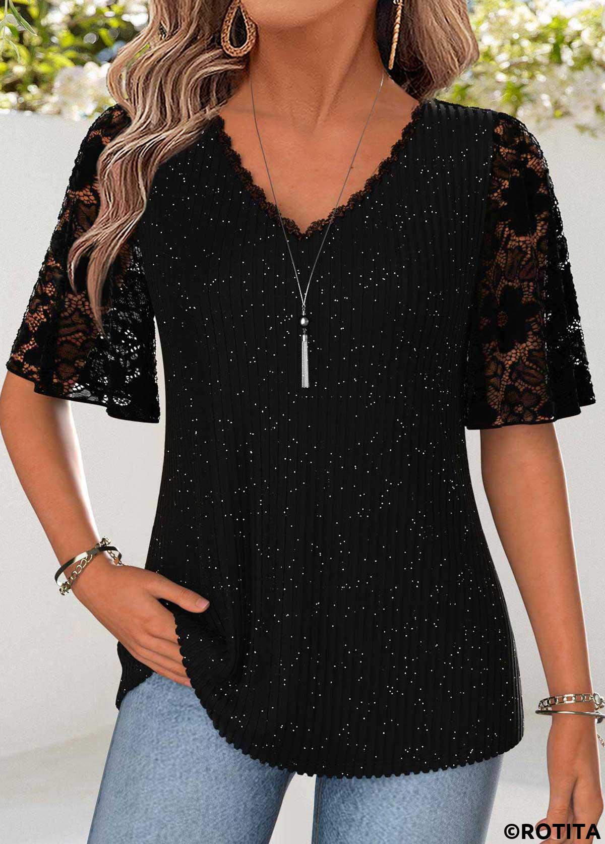 Black tops,Plain Color tops,ROTITA Curved Hem Black V Neck Half Sleeve T Shirt