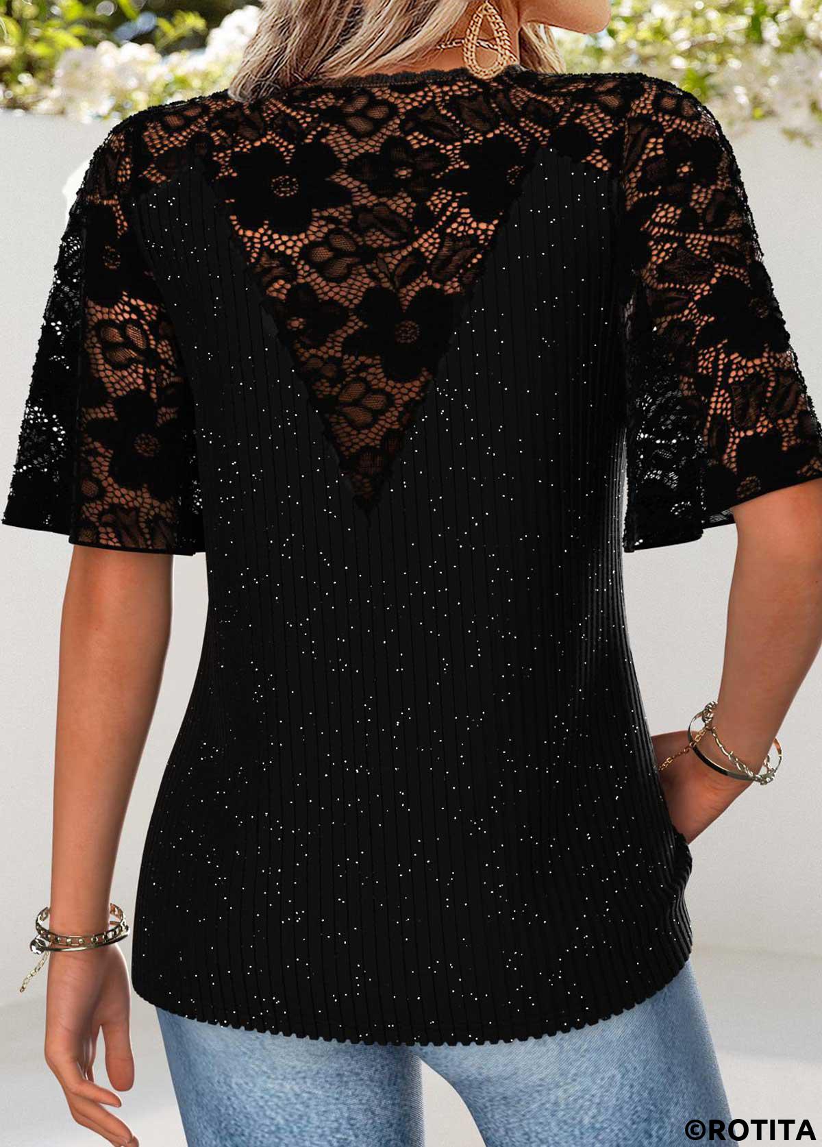 Black tops,Plain Color tops,ROTITA Curved Hem Black V Neck Half Sleeve T Shirt