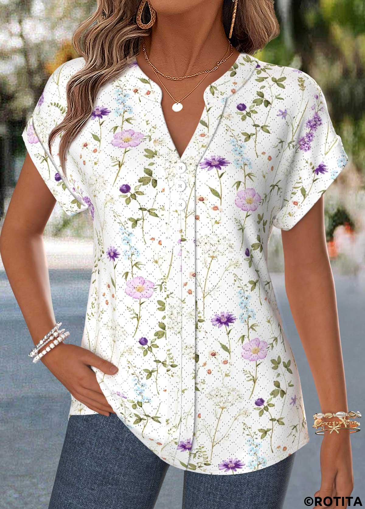 Raw white tops,Floral tops,Plants tops,ROTITA Curved Hem Floral Print Raw White Split Neck Blouse