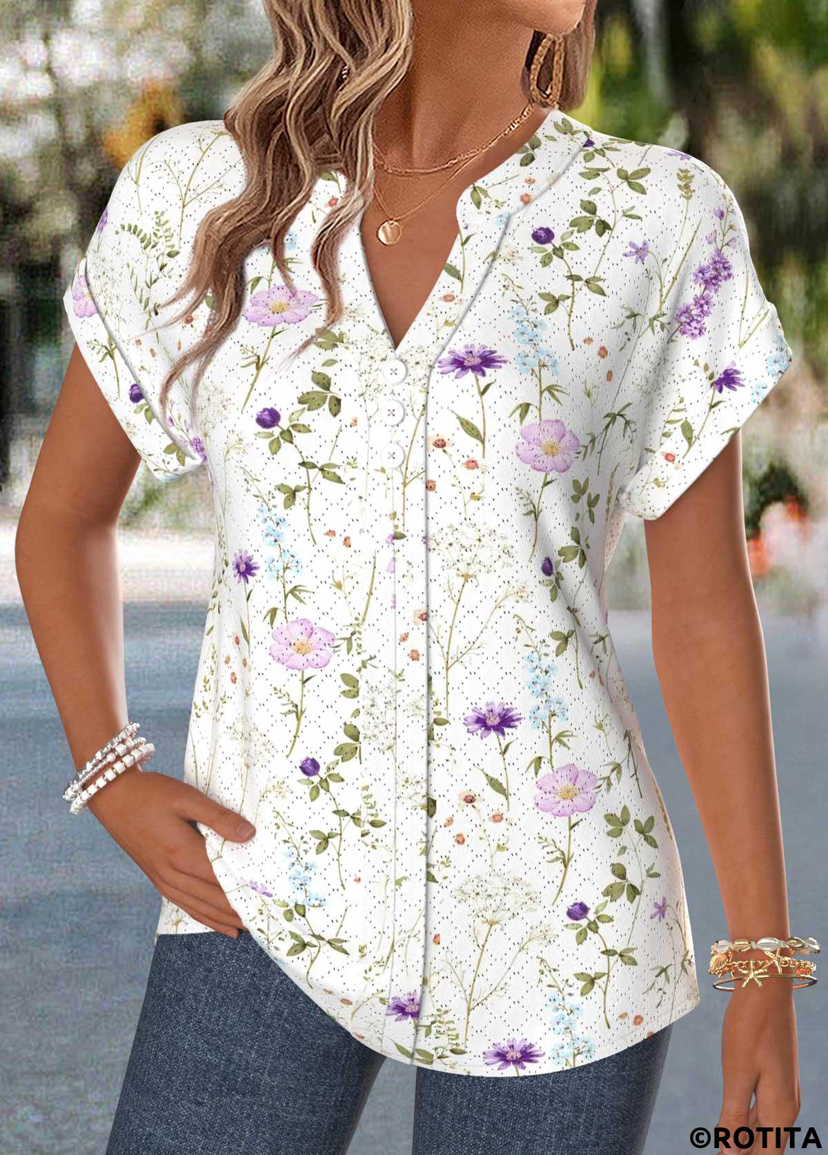 Raw white tops,Floral tops,Plants tops,ROTITA Curved Hem Floral Print Raw White Split Neck Blouse