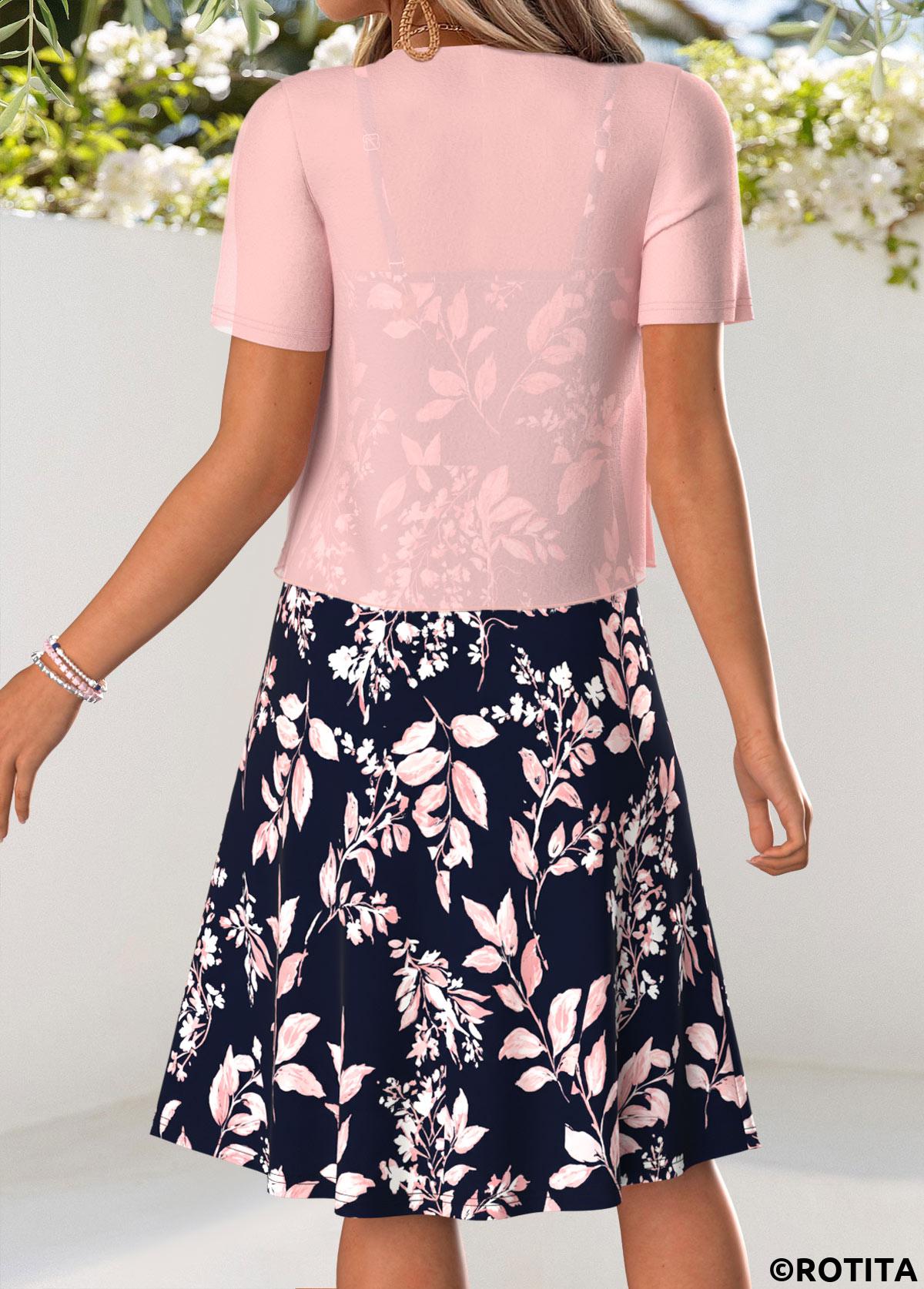 Pink dresses,Navy dresses,Plants dresses,Everyday dresses,Casual dresses,ROTITA Pink Leaf Print Tummy Coverage Dress and Cardigan