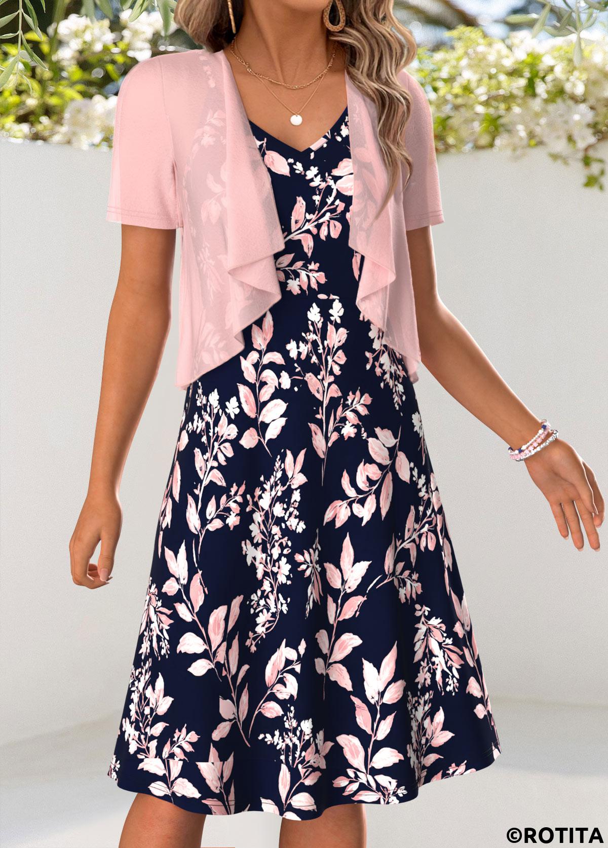 Pink dresses,Navy dresses,Plants dresses,Everyday dresses,Casual dresses,ROTITA Pink Leaf Print Tummy Coverage Dress and Cardigan