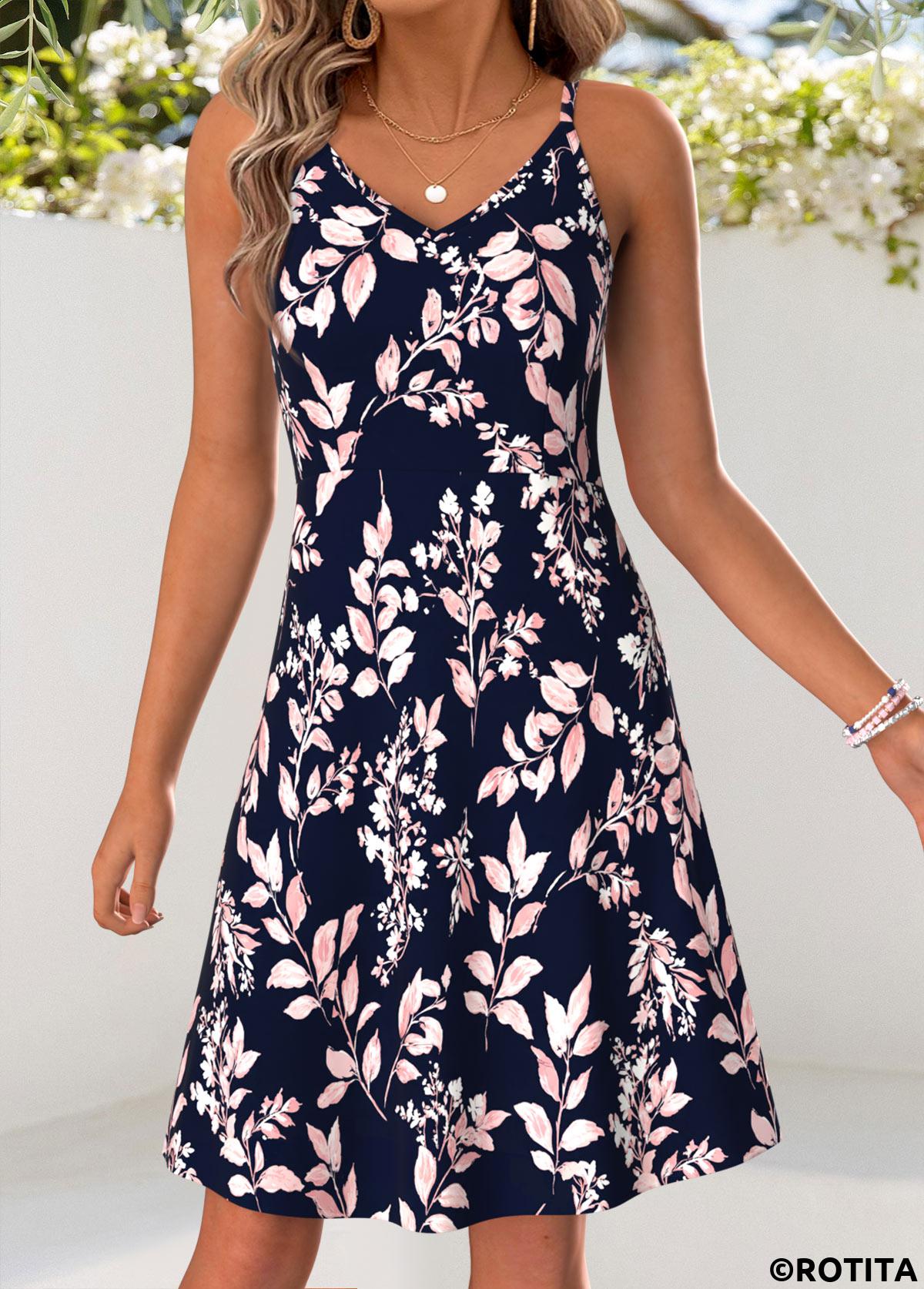 Pink dresses,Navy dresses,Plants dresses,Everyday dresses,Casual dresses,ROTITA Pink Leaf Print Tummy Coverage Dress and Cardigan