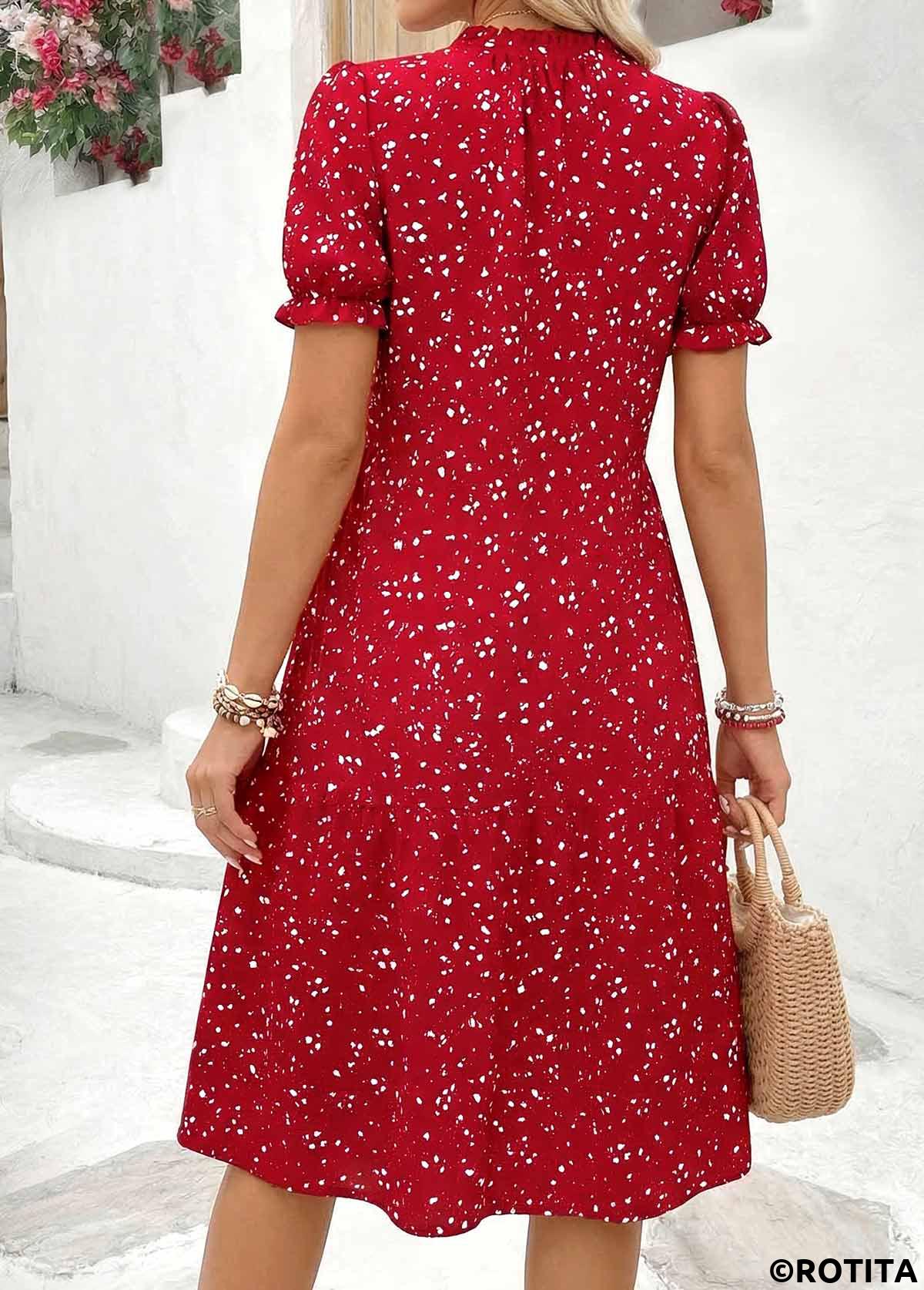 Red dresses,Ditsy Floral dresses,Vacation dresses,Vacation dresses,ROTITA Red Ditsy Floral Print Tuck Stitch Short Dress