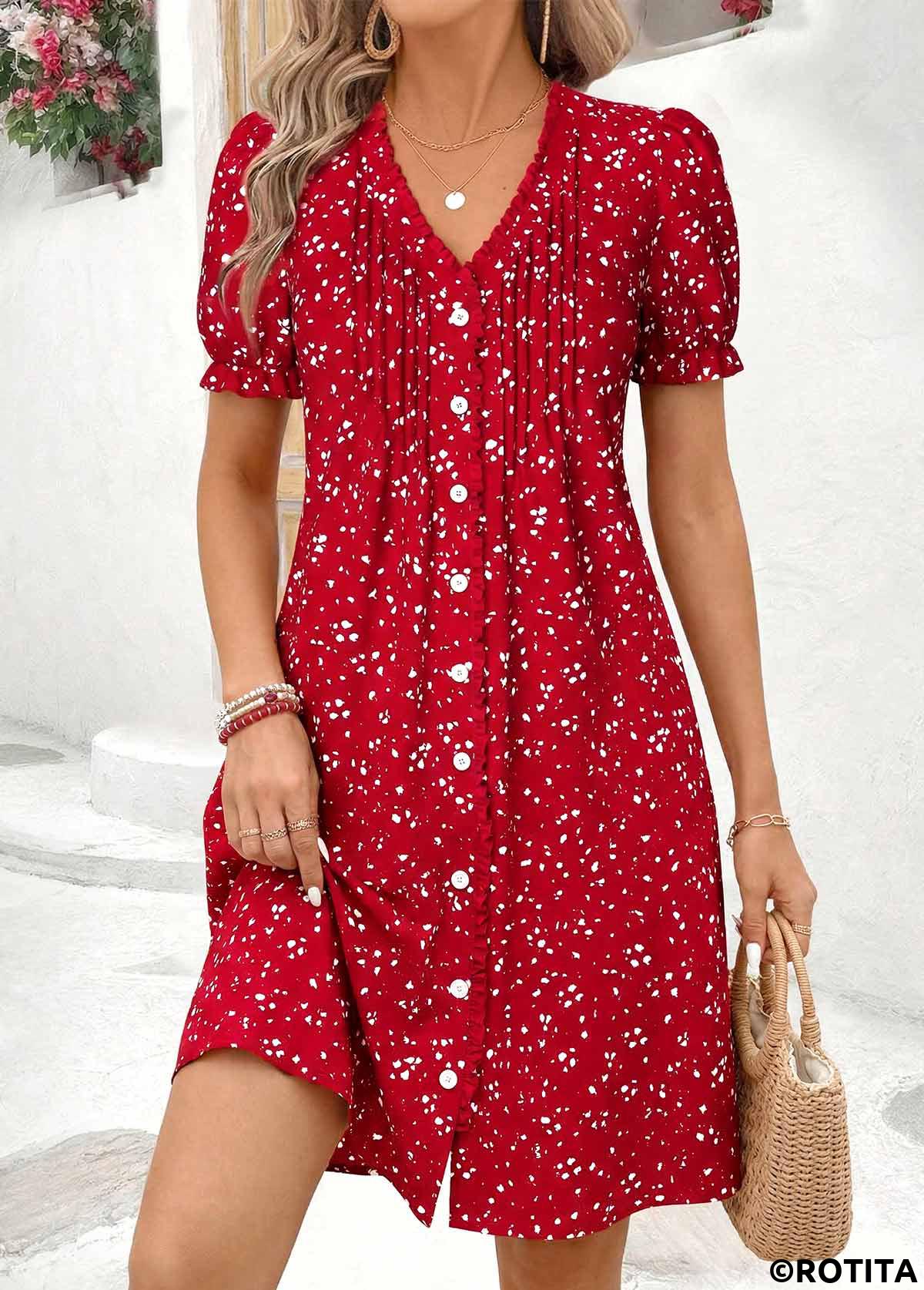Red dresses,Ditsy Floral dresses,Vacation dresses,Vacation dresses,ROTITA Red Ditsy Floral Print Tuck Stitch Short Dress