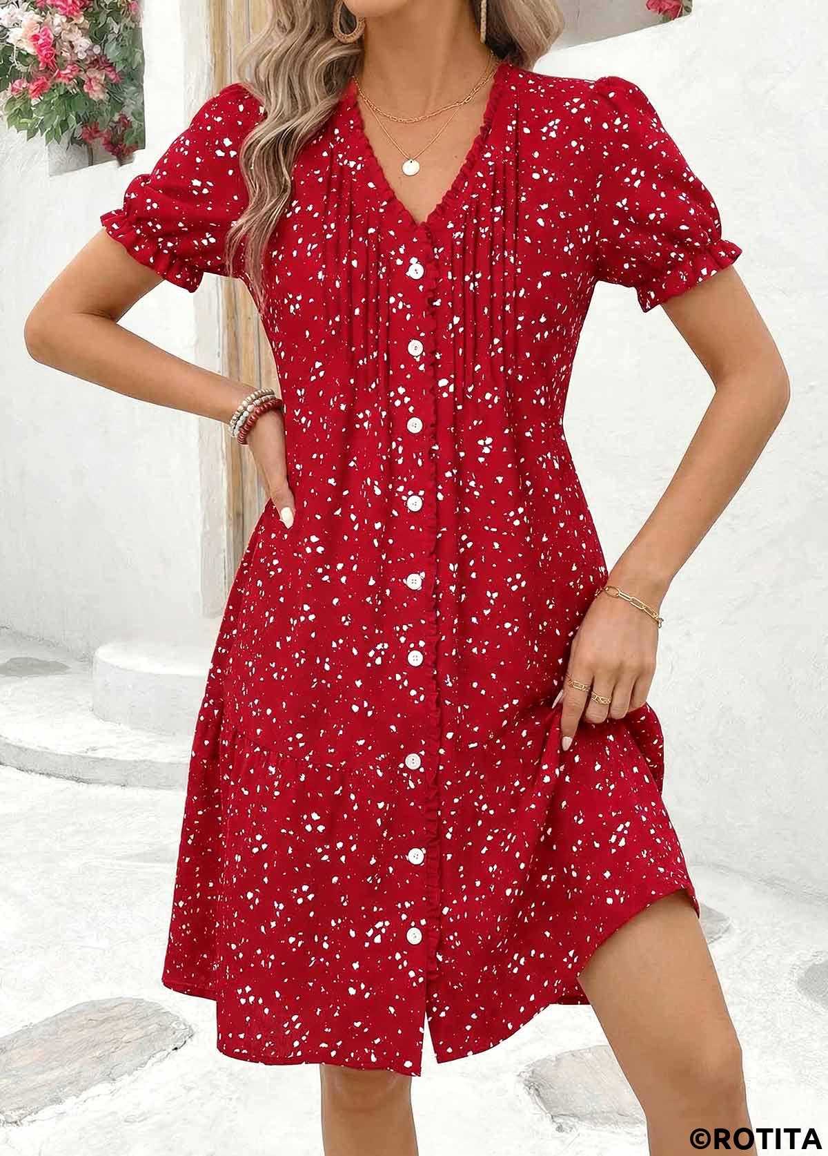 Red dresses,Ditsy Floral dresses,Vacation dresses,Vacation dresses,ROTITA Red Ditsy Floral Print Tuck Stitch Short Dress