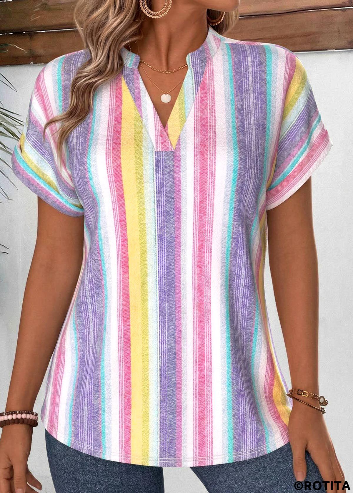 Multi Color tops,Striped tops,Geometric tops,ROTITA Curved Hem Striped Multi Color Stand Collar Blouse