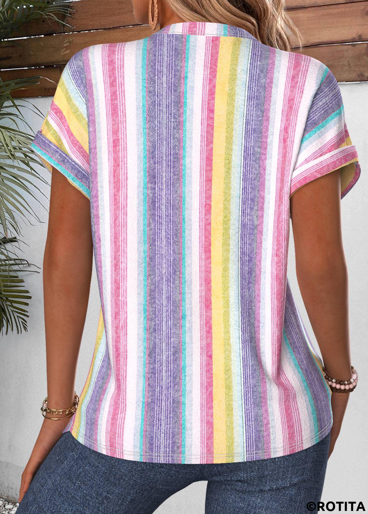 Multi Color tops,Striped tops,Geometric tops,ROTITA Curved Hem Striped Multi Color Stand Collar Blouse