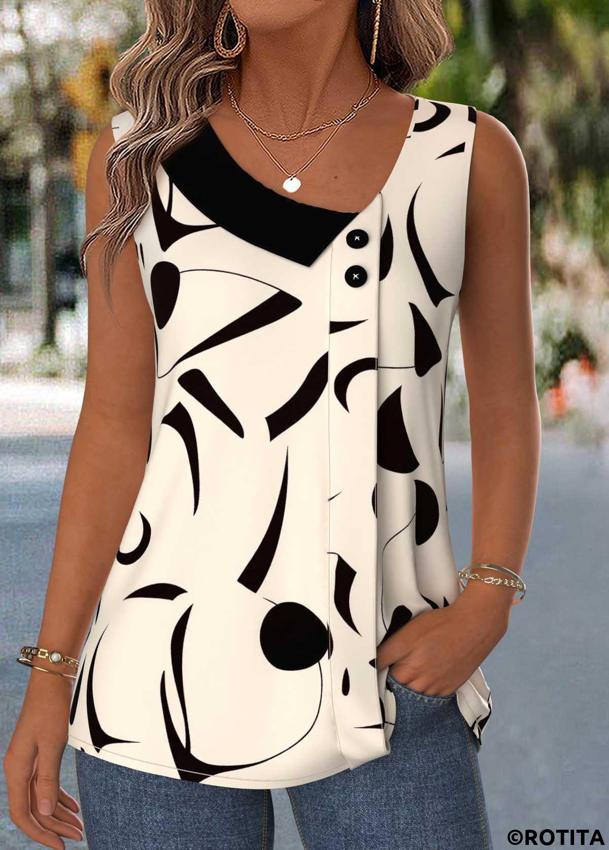 Beige tops,Geometric tops,ROTITA Patchwork Geometric Print Beige Asymmetrical Neck Sleeveless Tank Top