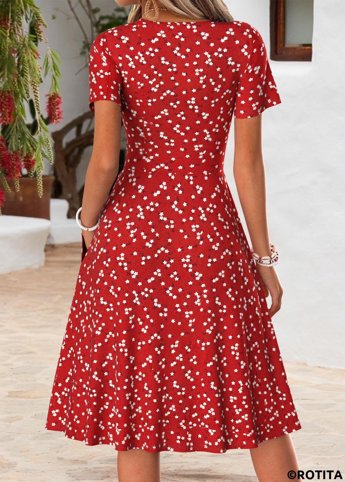 Red dresses,Ditsy Floral dresses,Everyday dresses,Casual dresses,ROTITA Red Ditsy Floral Print Double Side Pockets Dress