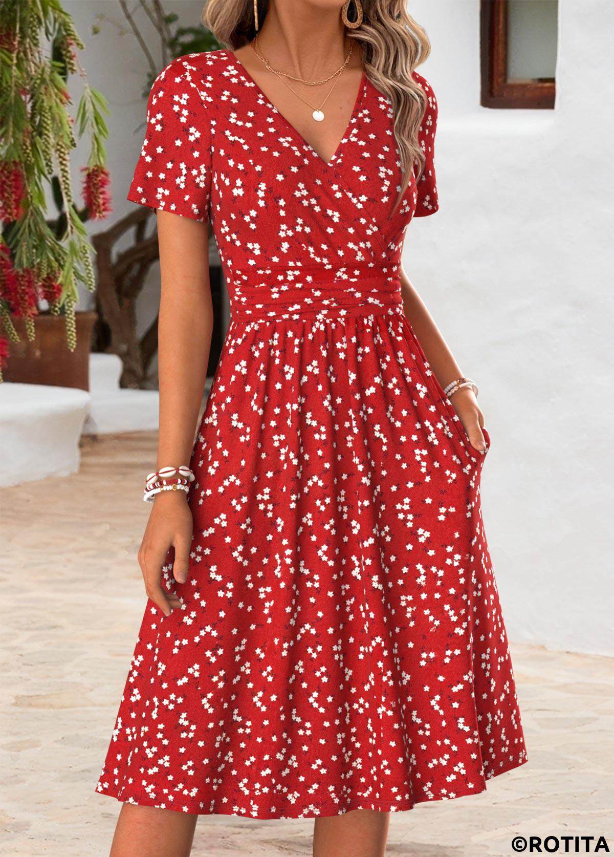 Red dresses,Ditsy Floral dresses,Everyday dresses,Casual dresses,ROTITA Red Ditsy Floral Print Double Side Pockets Dress