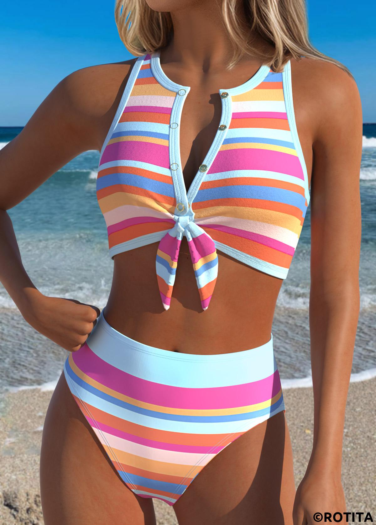 Multi Color swimwear,Striped swimwear,Geometric swimwear,ROTITA Multi Color Two-piece Striped Mid Waisted Bikini Set