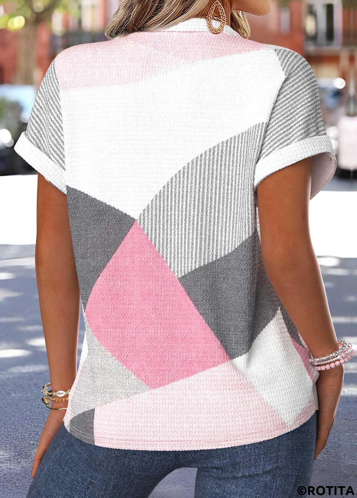 Light Pink tops,Geometric tops,ROTITA Tummy Coverage Geometric Print Light Pink Split Neck Blouse