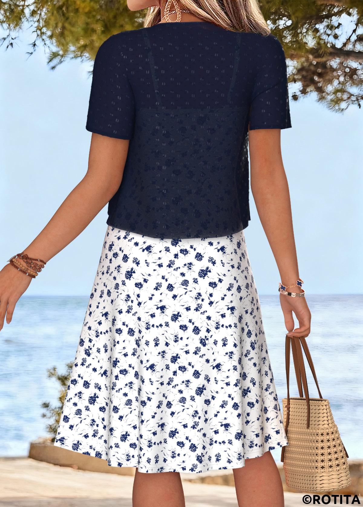 White dresses,Ditsy Floral dresses,Everyday dresses,Casual dresses,ROTITA White Ditsy Floral Print Tummy Coverage Dress and Cardigan