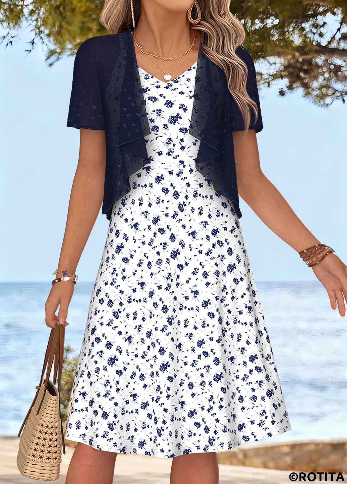 White dresses,Ditsy Floral dresses,Everyday dresses,Casual dresses,ROTITA White Ditsy Floral Print Tummy Coverage Dress and Cardigan