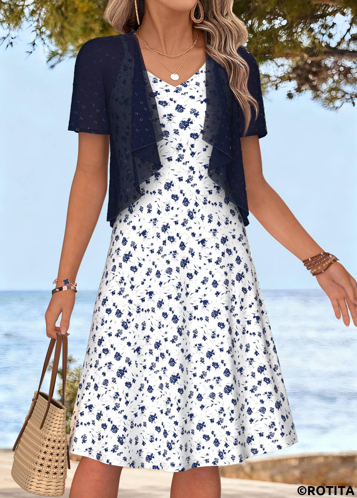 White dresses,Ditsy Floral dresses,Everyday dresses,Casual dresses,ROTITA White Ditsy Floral Print Tummy Coverage Dress and Cardigan