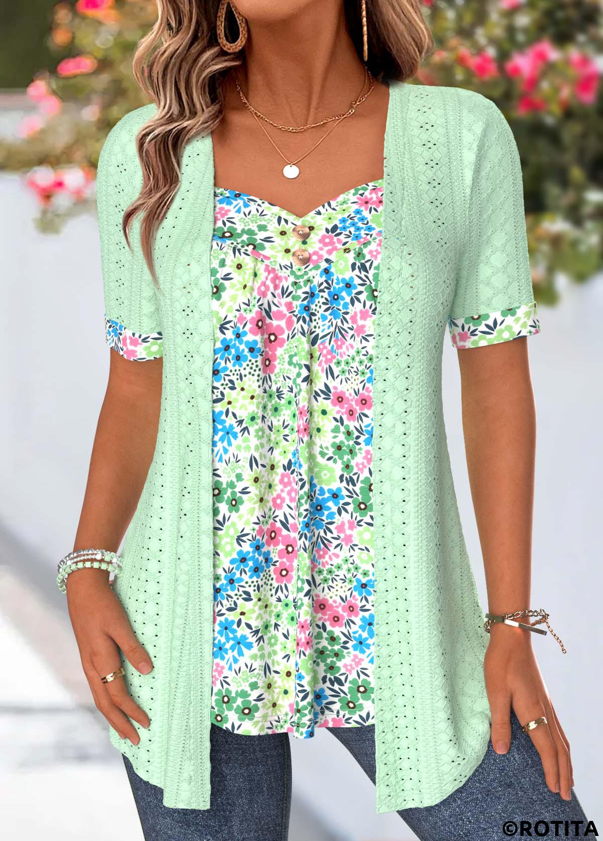 Green tops,Ditsy Floral tops,ROTITA Ditsy Floral Print Green Fake Two Piece Twinset