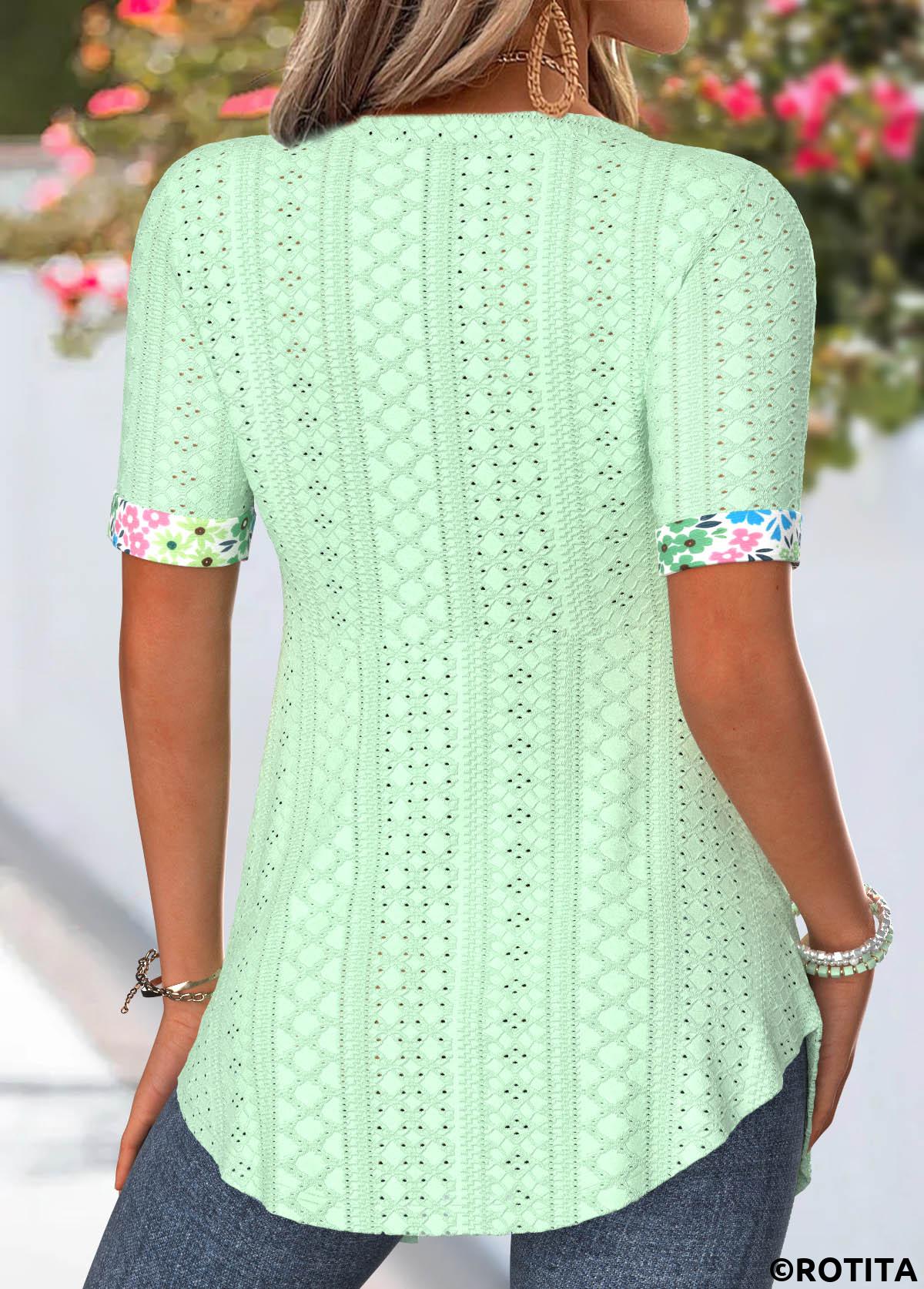 Green tops,Ditsy Floral tops,ROTITA Ditsy Floral Print Green Fake Two Piece Twinset