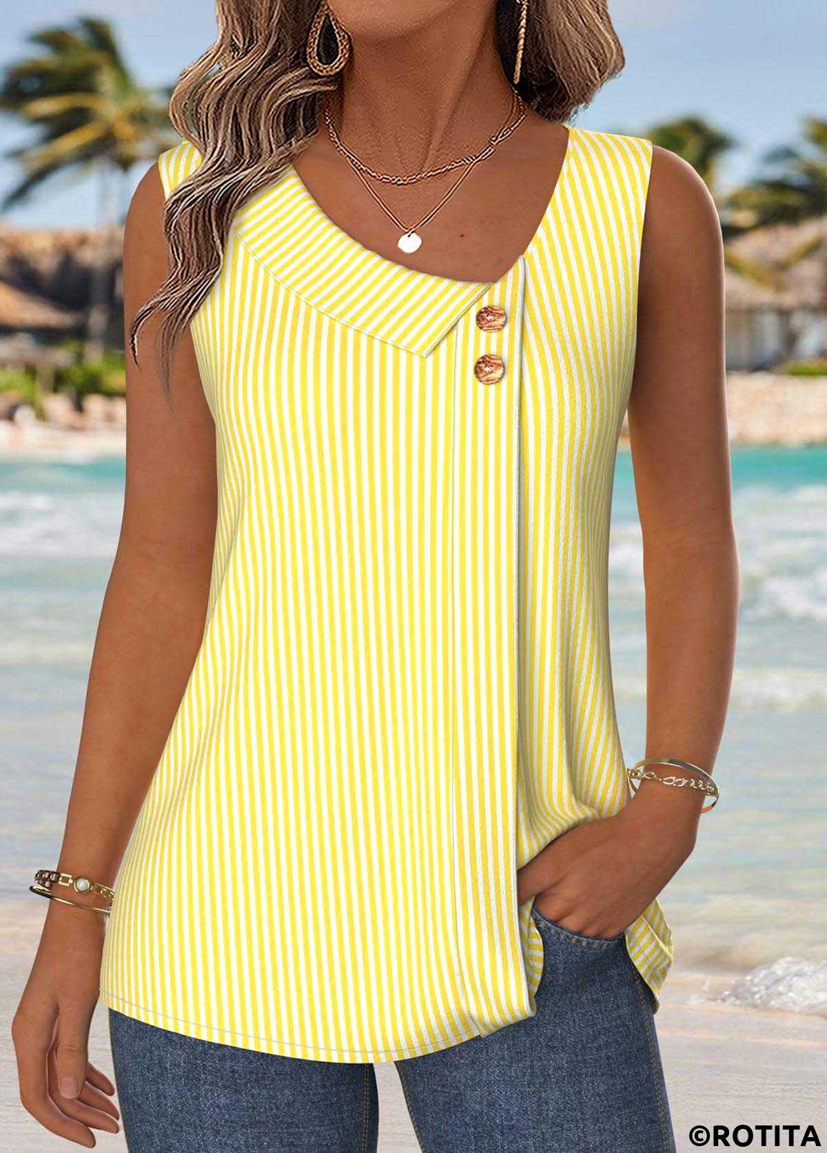 Yellow tops,Striped tops,Geometric tops,ROTITA Patchwork Striped Yellow Asymmetrical Neck Sleeveless Tank Top