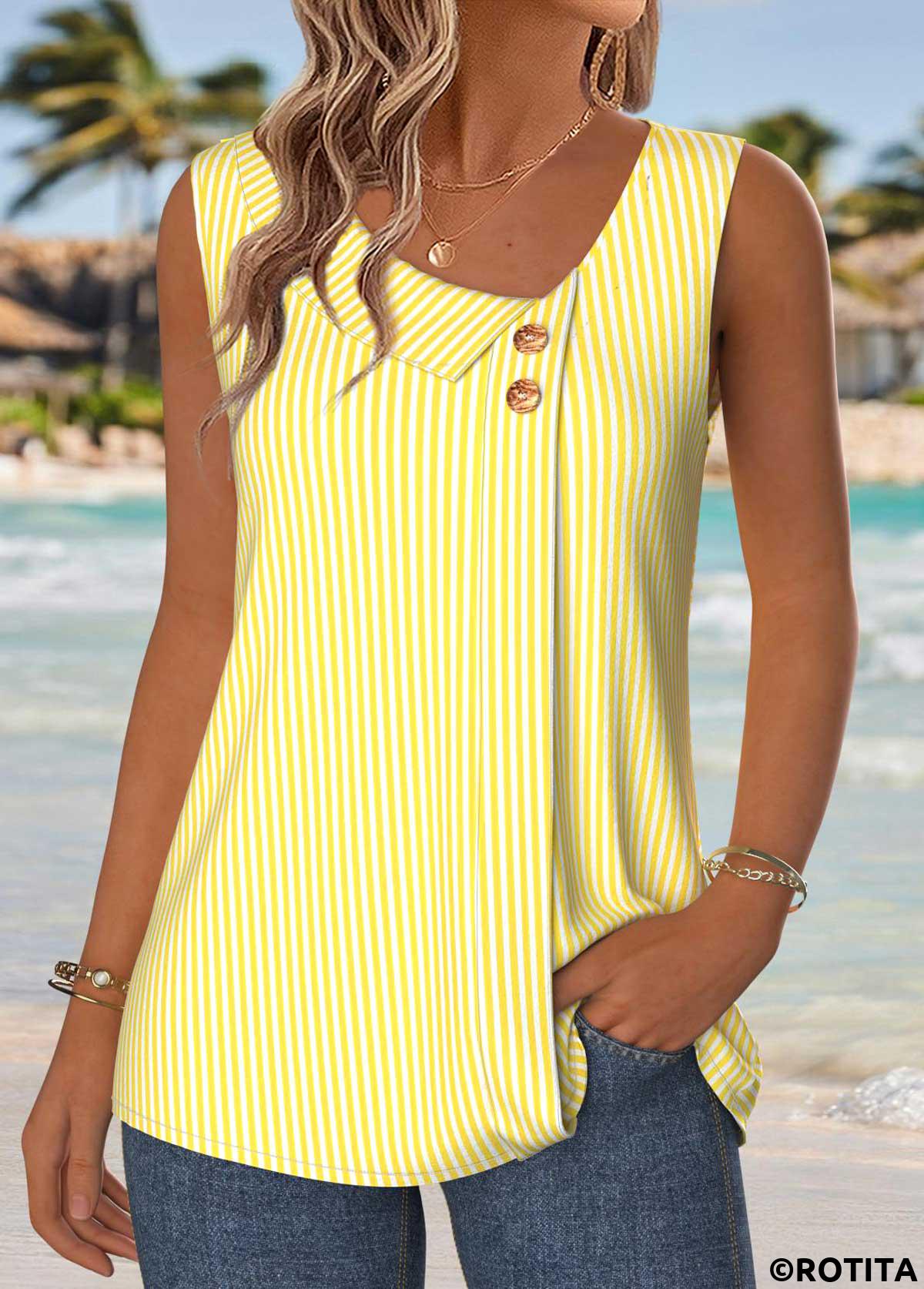 Yellow tops,Striped tops,Geometric tops,ROTITA Patchwork Striped Yellow Asymmetrical Neck Sleeveless Tank Top