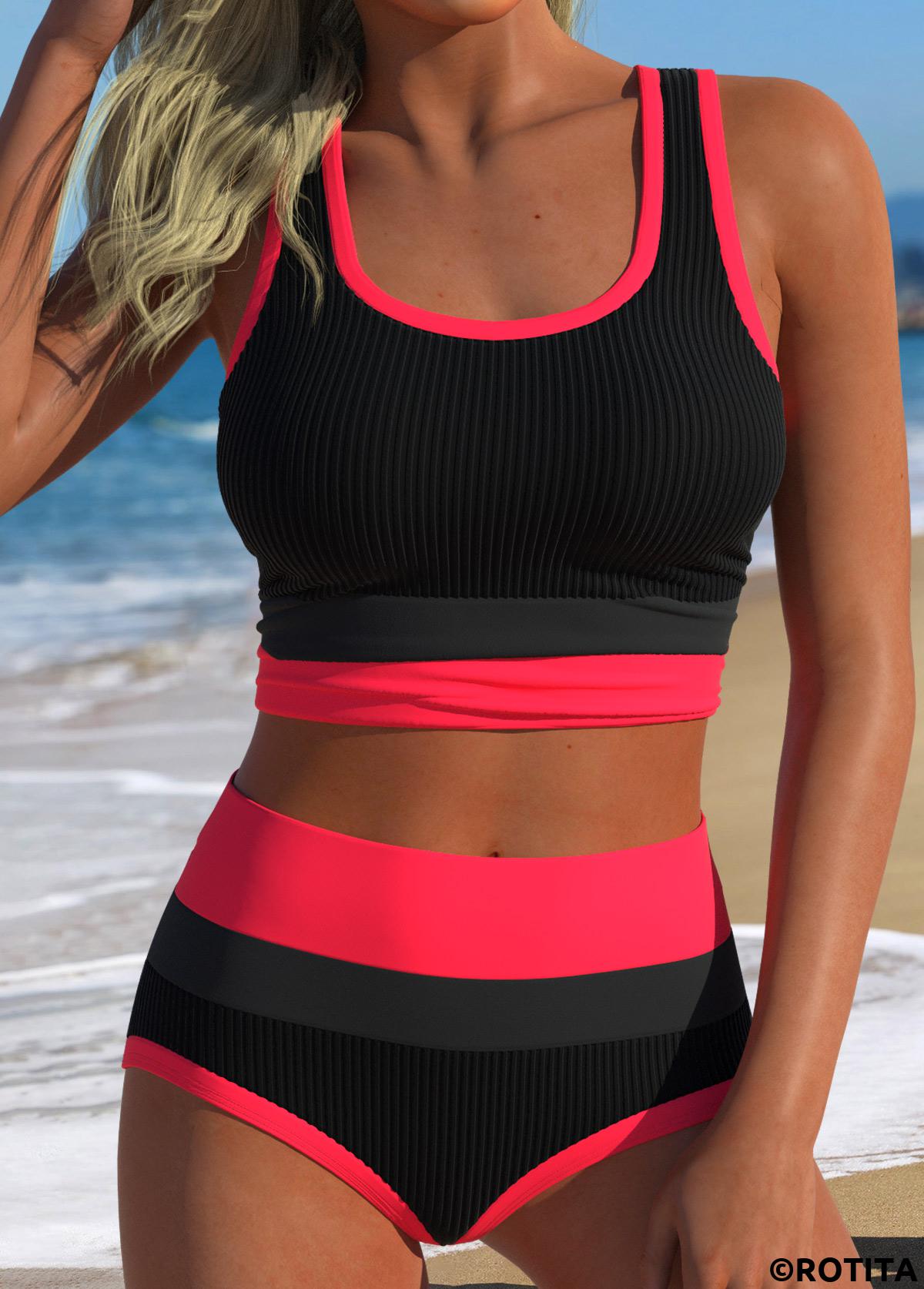 Black swimwear,Plain Color swimwear,ROTITA Black Layered High Waisted Bikini Set