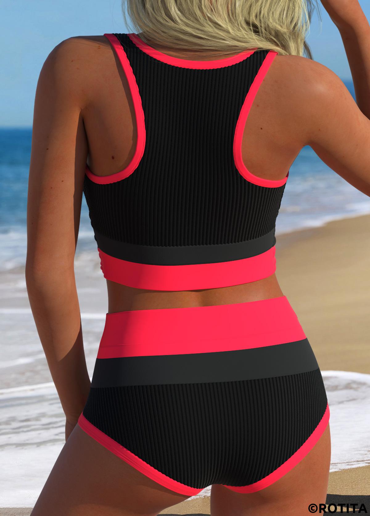 Black swimwear,Plain Color swimwear,ROTITA Black Layered High Waisted Bikini Set